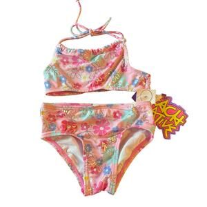 Beach Native Girls Pink Silver Floral Print Bikini Size 5